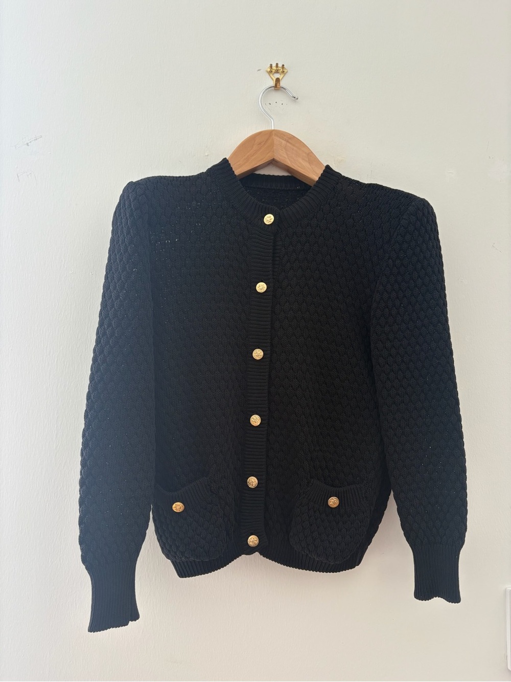 St. John Collection Black Cable Knit Cardigan with Gold Buttons Size 4